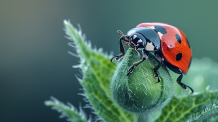 Macro photography unveils a red ladybug with black spots tightly attached to a green plant bud - Powered by Adobe