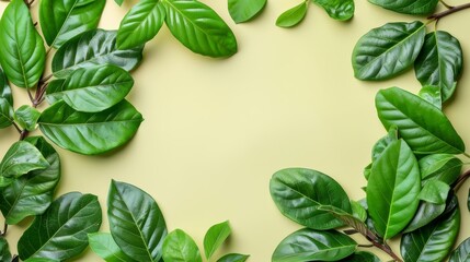   Green leaves stacked on a yellow texture against a white backdrop