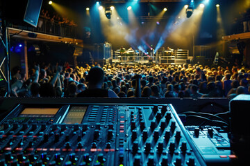 Crowded concert venue from sound engineer's perspective with stage lights.