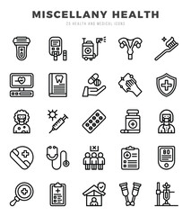 Vector icons set of MISCELLANY HEALTH. Lineal style Icons.