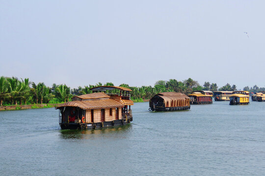 Houseboats in backwaters, Alleppey Alappuzha, Kerala, India. Houseboat on Kerala backwaters. Traditional Indian houseboat.