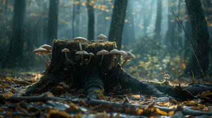 A very beautiful stump on which mushrooms grow in the forest thicket