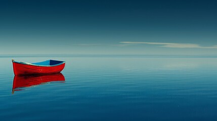   A red boat floats on a large body of water, its surface still Above, a blue sky is dotted with...