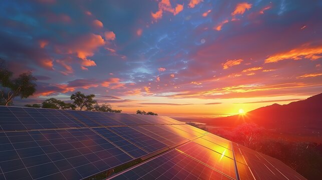 panoramic - solar panel at sunset