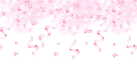 Pink confetti banner. It`s a girl! Gender reveal party, baby shower. Kids birthday newborn surprise. Hand drawn watercolor illustration isolated on white background. Template space for text, website