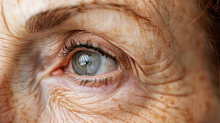 Detailed image of a person's eye showing wrinkles, suitable for skincare or aging concepts