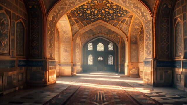 Beautiful decoration of the temple from the inside. Ancient mosque indoor background. Indian culture. Architecture design. Empty hall.