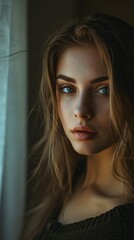 Blue-eyed woman gazing out of window