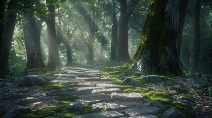 Fototapeta premium Photo of a cozy stone forest path in a sunny forest