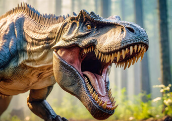 Fototapeta premium close up of a dinosaur . Ferocious dinosaur roaring in a misty jungle .Roaring t-rex