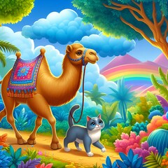 A camel and Cat walk in colourful jungle with blue clouds on their heads, animals on the beach, animals in the jungle, animals in the park, animal walk