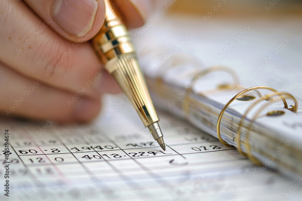 Poster detailed view of a hand writing in a ledger for foreign exchange transactions, currency symbols visi