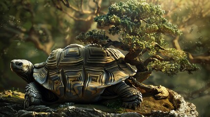 A wise old tortoise, its ancient shell adorned with intricate carvings, meditates serenely beneath the dappled shade of a towering bonsai tree, its slow, rhythmic breaths echoing the passage of time.