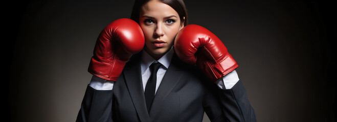 Beautiful businesswoman in boxing gloves and business suit with tie stands in a defensive stance. Business and sport. Copy space. Young woman in business.