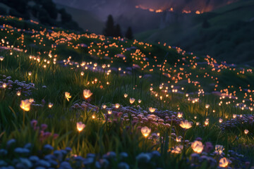 A meadow where each flower is a tiny, glowing lamp, casting a warm, gentle light across a twilight landscape.