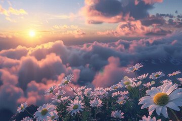 A mountain cliff where daisies with mirror-like petals reflect the ever-changing sky, creating a mesmerizing light show at dawn and dusk.