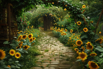 A garden path lined with sunflowers that rotate like solar panels, tracking not the sun, but the movements of the stars.