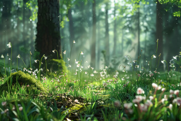 An enchanted forest clearing where each blade of grass is tipped with a tiny bell flower, ringing musically when disturbed.