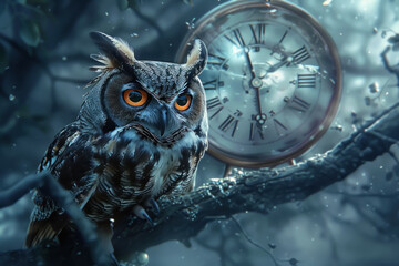 A creature with the body of an owl and the face of a clock, its eyes ticking back and forth with each second, perched silently on a midnight branch.