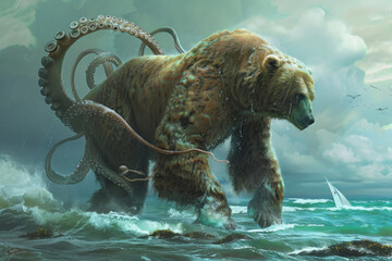 A towering beast with the torso of a bear and the lower body of a giant squid, roaming the ocean depths and occasionally wandering onto coastal lands.