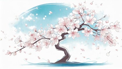 A bright white background, refreshing, clear, blue sky, dancing, beautiful illustration of cherry blossoms generated by AI