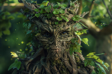 A forest guardian with bark for skin and leaves sprouting from its head, blending seamlessly into the trees until it chooses to move.
