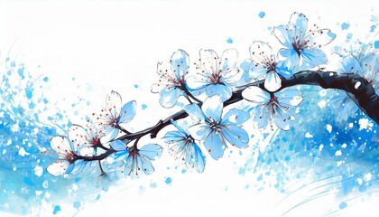 A bright white background, refreshing, clear, blue sky, dancing, beautiful illustration of cherry blossoms generated by AI