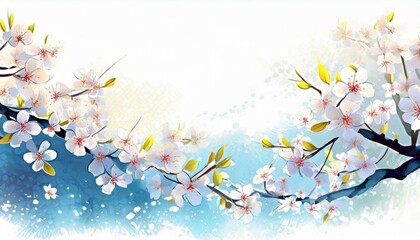 A bright white background, refreshing, clear, blue sky, dancing, beautiful illustration of cherry blossoms generated by AI