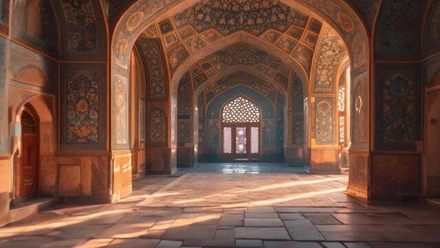 Beautiful decoration of the temple from the inside. Ancient mosque indoor background. Indian culture. Architecture design. Empty hall.