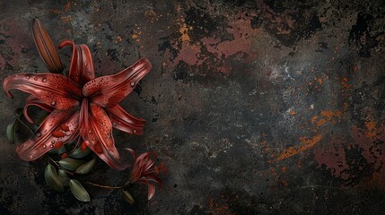   A red flower, focused tightly, against a backdrop of black and gray Rusted surface in background - Powered by Adobe