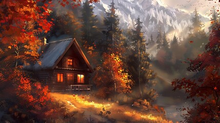 Cloaked in the colors of autumn, a cozy chalet nestles among the trees, its windows aglow with the...