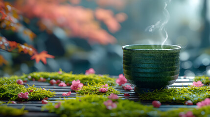 Hot matcha in a typical Japanese cup surrounded by pink flowers