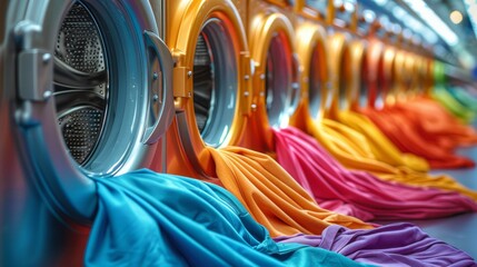 Washing colorful clothes in the laundry room or at home. Using a washing machine and a basket for dirty or clean colored clothes.