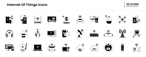 internet of things icon set. iot, technology, internet, things, digital, network, computer, smart, concept, data, business, communication. Vector black fill icon illustration