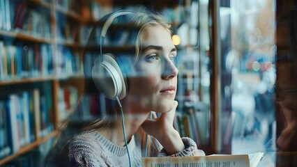 Double exposure portrait of pensive woman with book and headphones against bookshelf. Concept Double Exposure, Portrait, Pensive Woman, Book, Headphones, Bookshelf