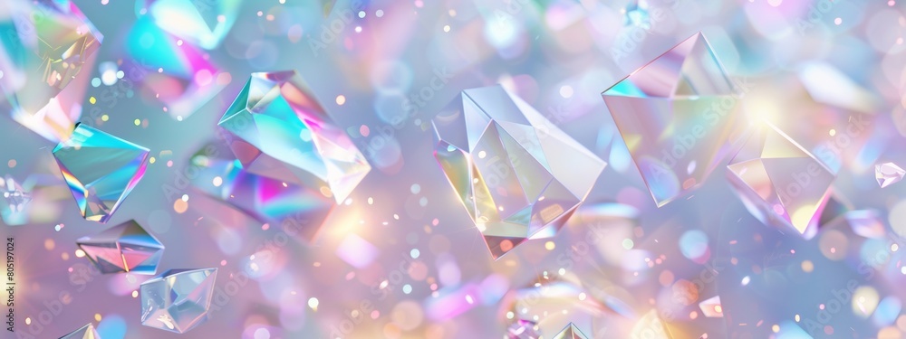 Poster a background with an array of pastel colored geometric shapes, creating a dreamy and magical atmosph