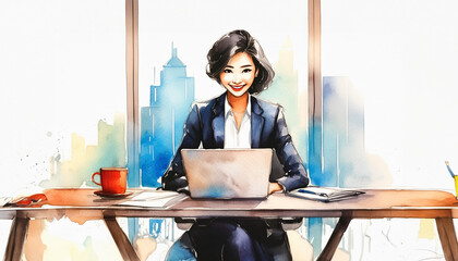 A businesswoman is working on her laptop in a modern office with a stunning cityscape view through the window. The image is rendered in a unique artistic style