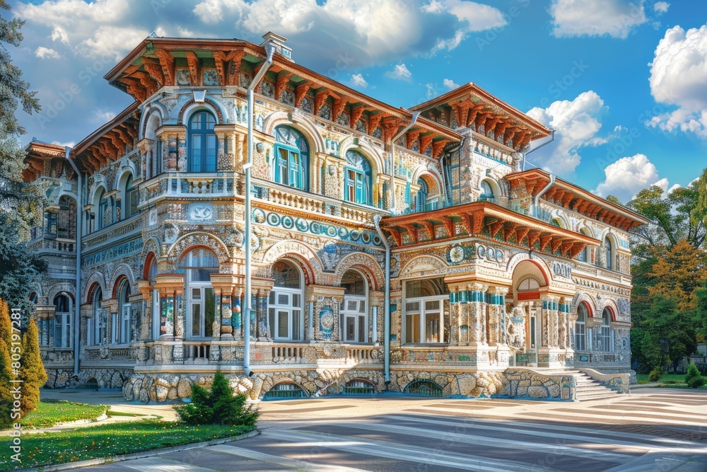 Poster a large building with numerous windows. suitable for corporate and architectural projects