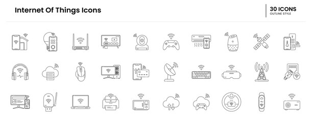 internet of things icon set. iot, technology, internet, things, digital, network, computer, smart, concept, data, business, communication. Vector outline icon illustration