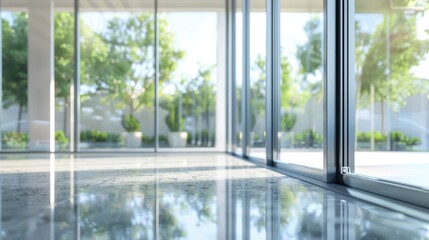 A clear view of a building through a glass door. Suitable for architectural concepts
