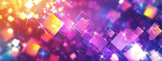 A background with glowing squares and sparkles in shades of purple, pink, orange, yellow, and blue. The background has an abstract design that includes geometric shapes such as triangles or diamonds.
