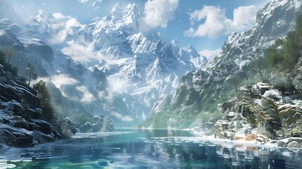 Embark on a visual odyssey through a land of frozen enchantment, where mountains stand as silent sentinels and rivers flow with quiet determination. Immerse yourself in the stunning realism of this 