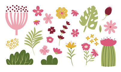 Flower collection with leaves, floral bouquets. Vector Simple Flowers. Spring art print with botanical elements. Happy Easter. Folk style. Posters for the spring holiday.