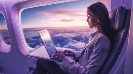 A businesswoman is working on her laptop while flying on a plane.