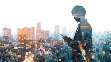 The double exposure image of the business man holding phone sunrise overlay with cityscape image. 