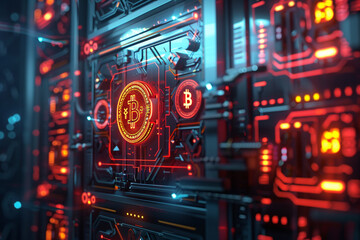 Digital asset vault ultra secure with holographic interfaces and cryptocurrency symbols glowing 