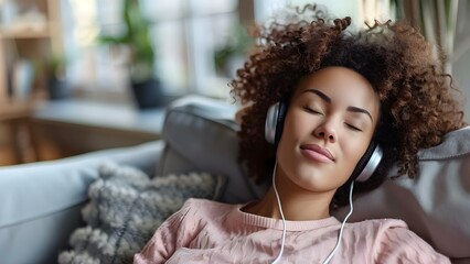 Woman listening to music with eyes closed on sofa for relaxation. Concept Relaxing at Home, Listening to Music, Weekend Vibes, Lazy Afternoon, Peaceful Moments