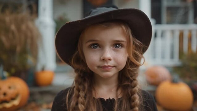 Scary kid costumes for Halloween. Cute girl trick or treating with spooky witch dress and hat. 31 October holiday. Fun people celebrate autumn party night. All Saints Hallows Eve. Happy childhood.