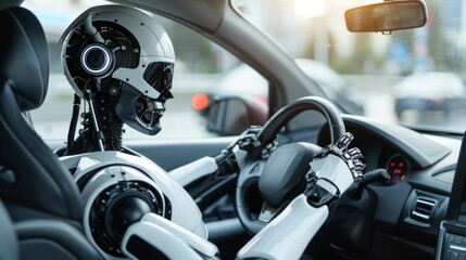 world of automation, a robot seamlessly drives a technologically advanced car