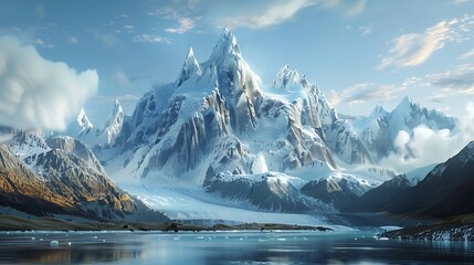 Enter a world of sublime tranquility, where mountains rise like giants from a sea of ice and rivers flow with graceful purpose. Immerse yourself in the pristine realism of this cinematic vista